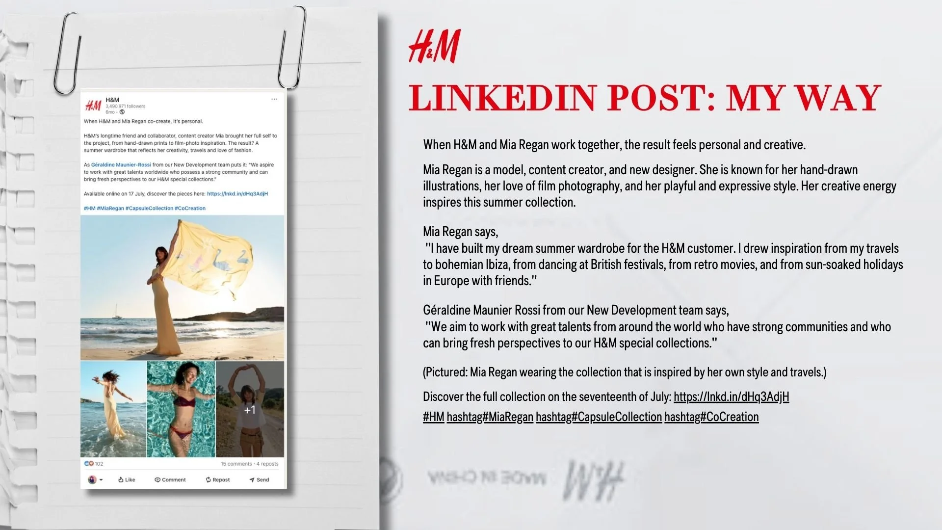 A printed page with red text titled "LINKEDIN POST: MY WAY" and an article about Mia Regan's summer wardrobe inspired by her travels, featuring her in a collection of photographs, including one of her on a beach with a large cloth, and smaller images of her in a swimsuit and a model pose.