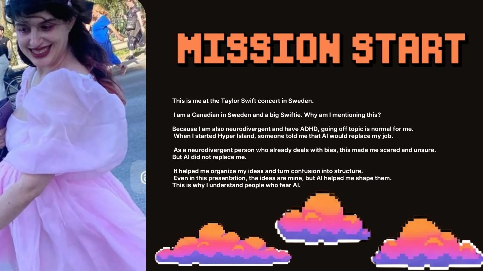 A woman wearing a pink dress at Taylor Swift concert in Sweden, smiling and looking down.