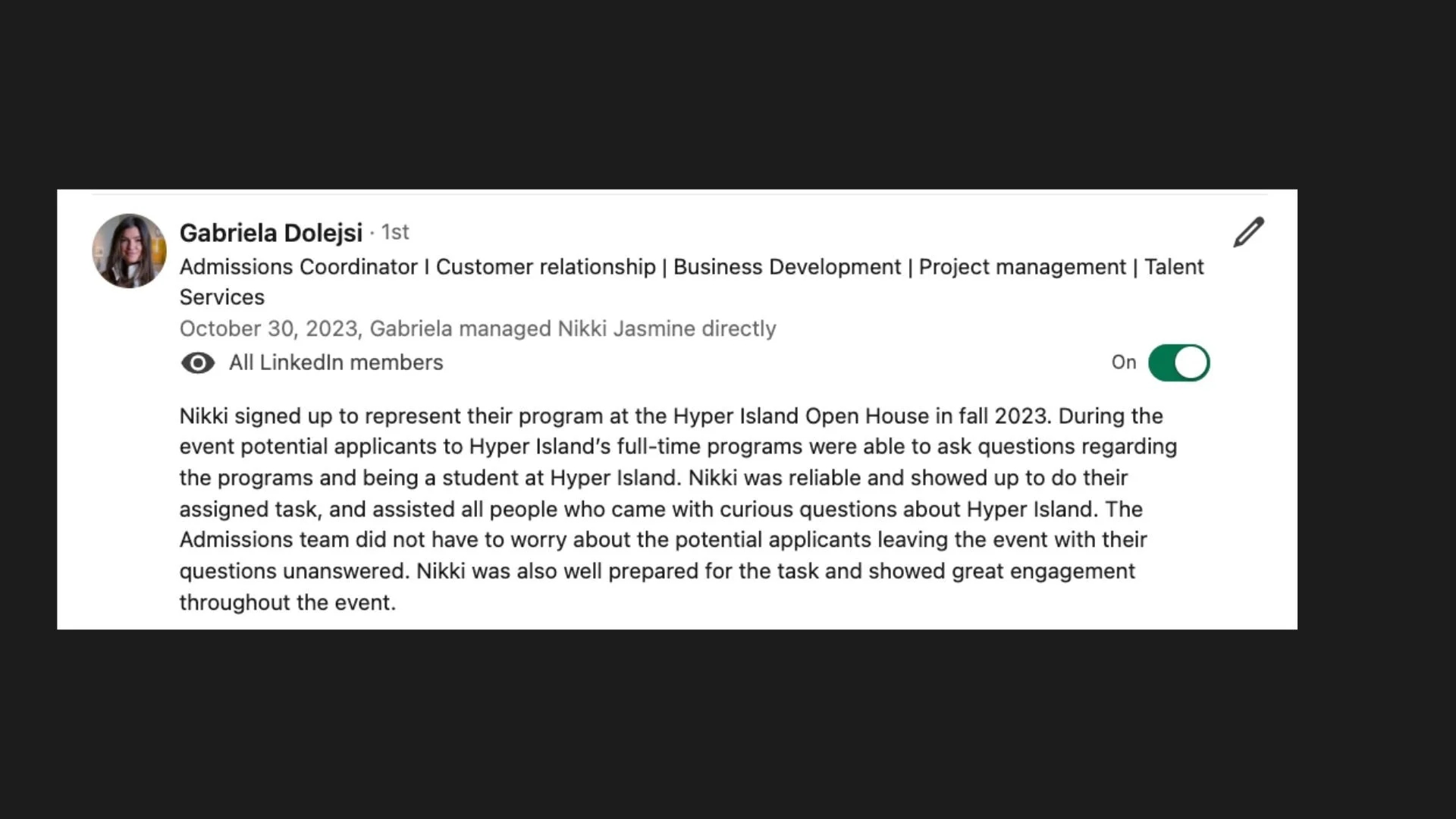 LinkedIn profile summary of Gabriela Dolejski describing her role and recent activities, including managing Nikki Jasmine at an event and her engagement with Hyper Island Open House in fall 2023.