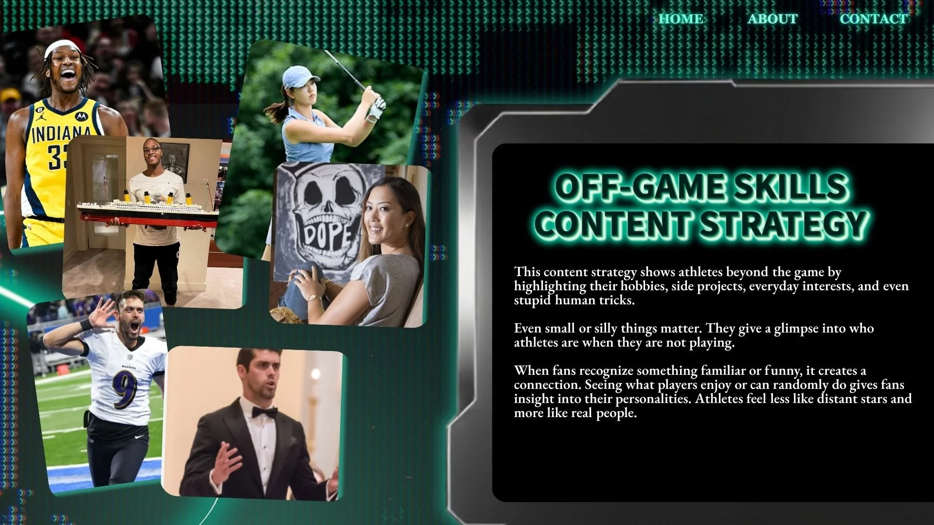Collage of athletes and sports-related images, including a female basketball player, a girl playing golf, a smiling woman holding a sign, a football player celebrating, a man in a tuxedo, and a person with a large ship model, alongside text about off-game skills content strategy on a digital background.