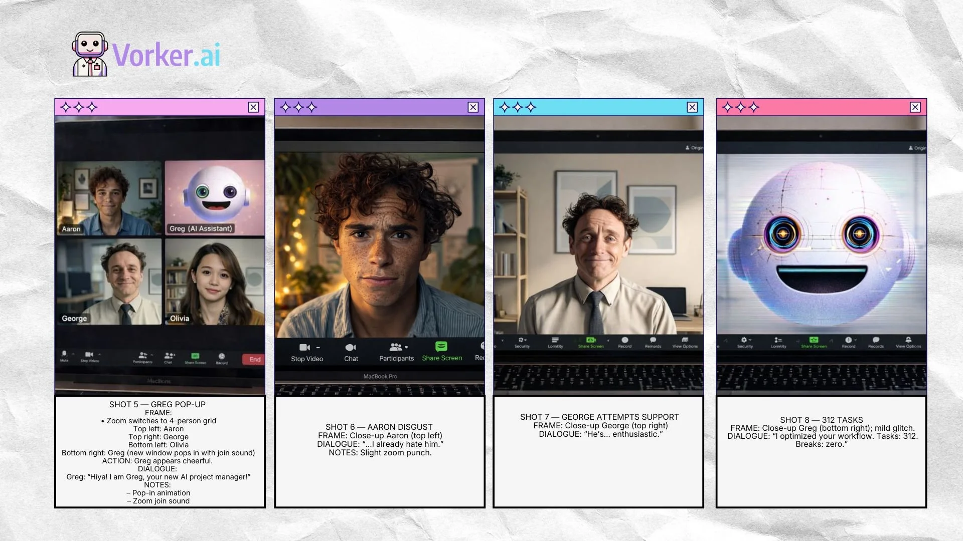 Four screenshots of video call scenes with diverse participants, including animated characters, featuring images of people and digital avatars, with detailed notes and dialogue descriptions below each.