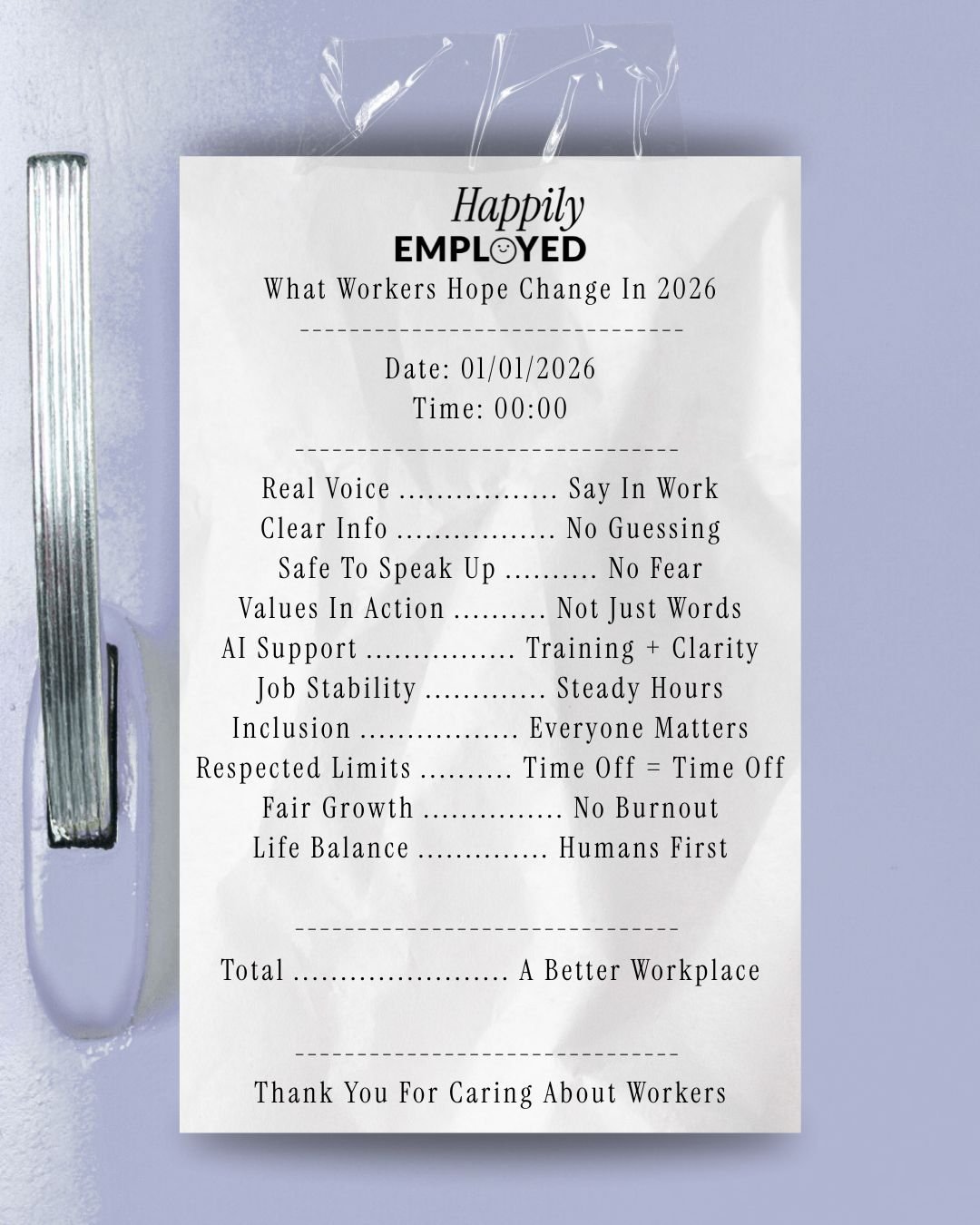 A printed list titled "Happily Employed" with hopes for workers in 2026, including points like "Say In Work," "No Guessing," "No Fear," "Everyone Matters," and "Humans First." It is taped to a light-colored wall with a wall-mounted light on the left 