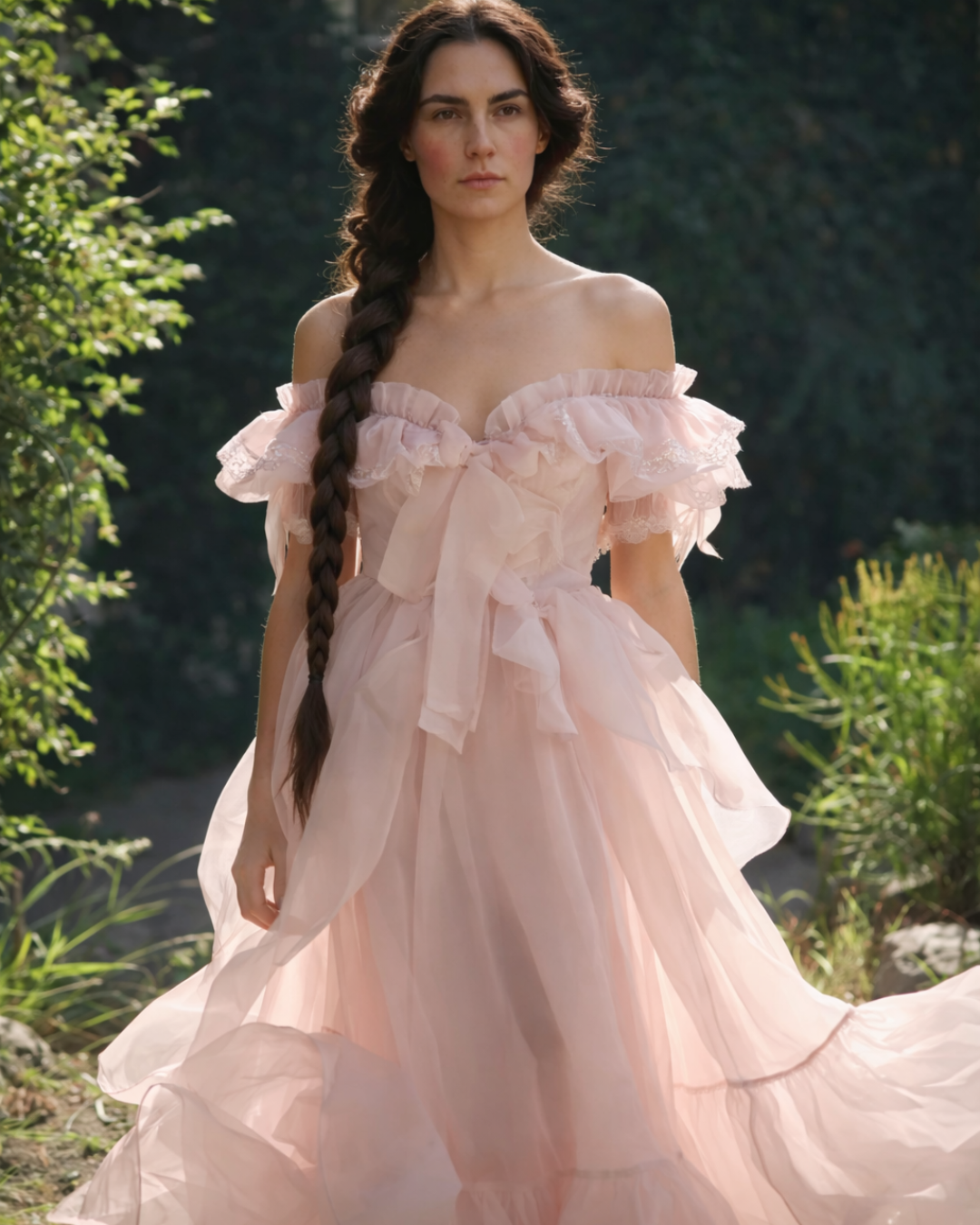 A woman with long, dark braided hair wearing a light pink, off-shoulder, ruffled gown standing outdoors in a lush green garden.