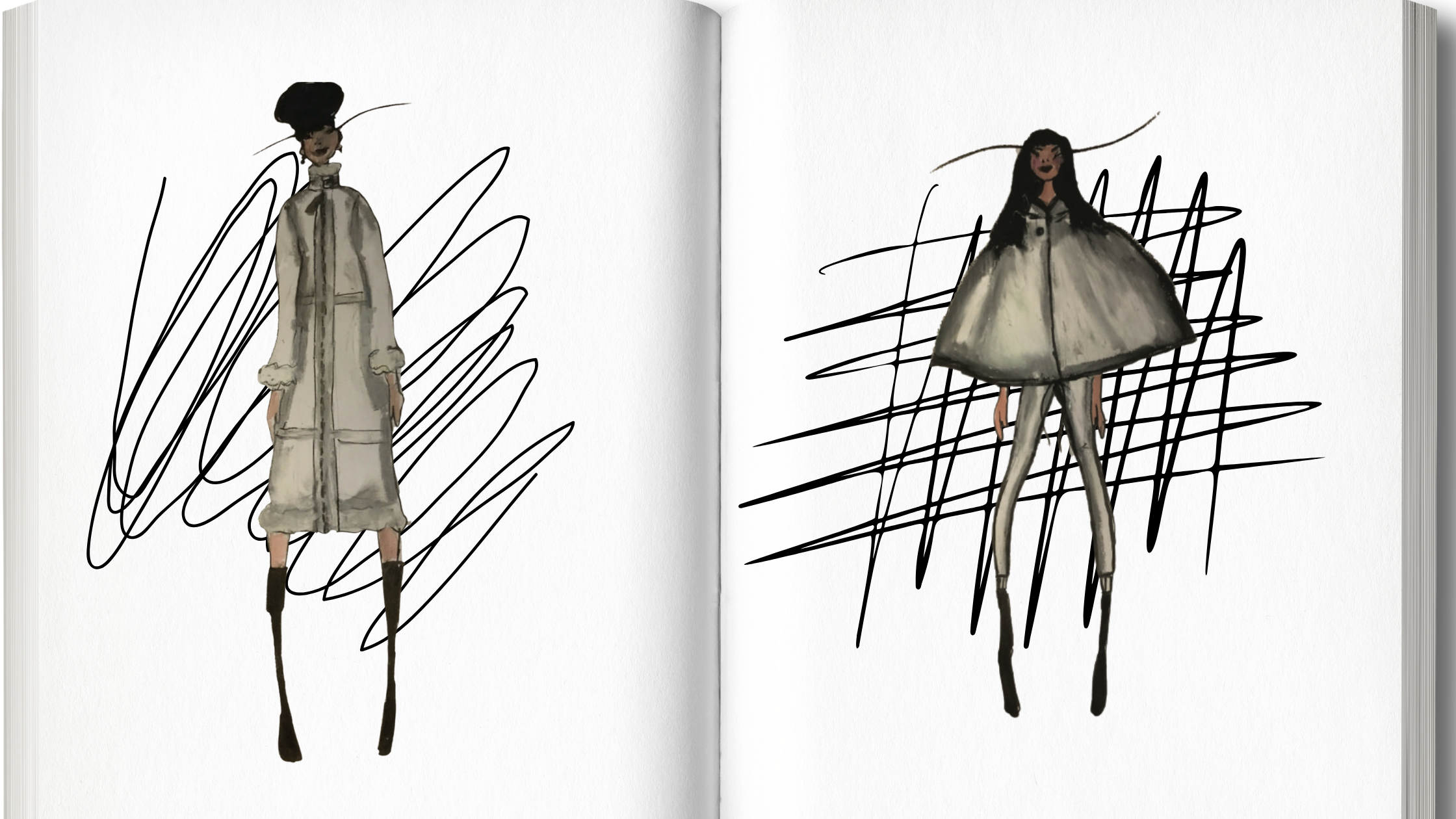 Fashion sketches of two women in coats, with abstract black scribbles in the background.