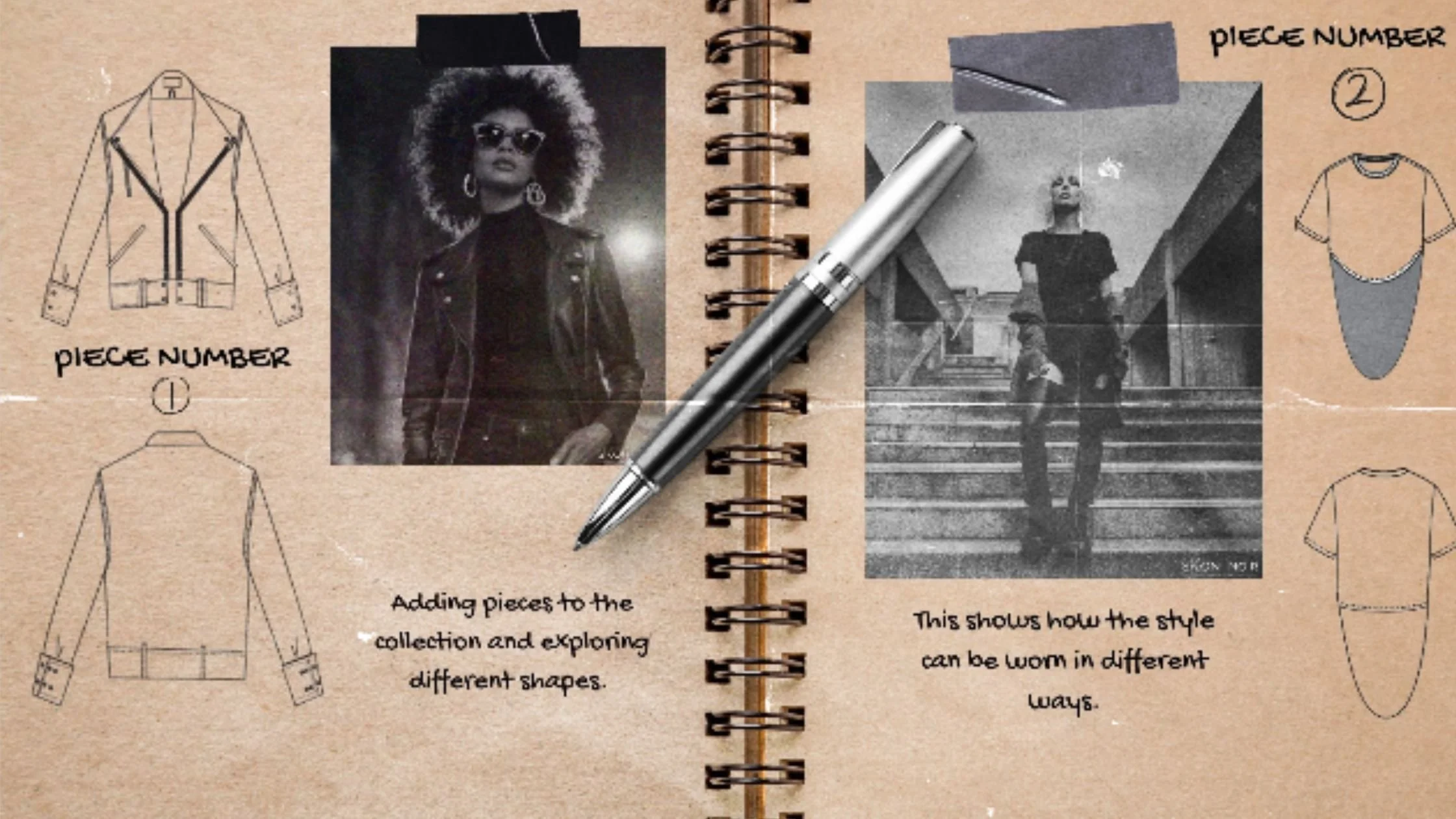 A scrapbook-style collage with two black-and-white photos of models and sketches of clothing pieces. The left side shows a sketch of a jacket labeled 'Piece Number 1' and a photo of a woman with curly hair wearing sunglasses and a leather jacket. The right side has a sketch of a T-shirt labeled 'Piece Number 2' and a photo of a woman walking upstairs dressed in dark clothing. Handwritten text notes exploring different styles and shapes.