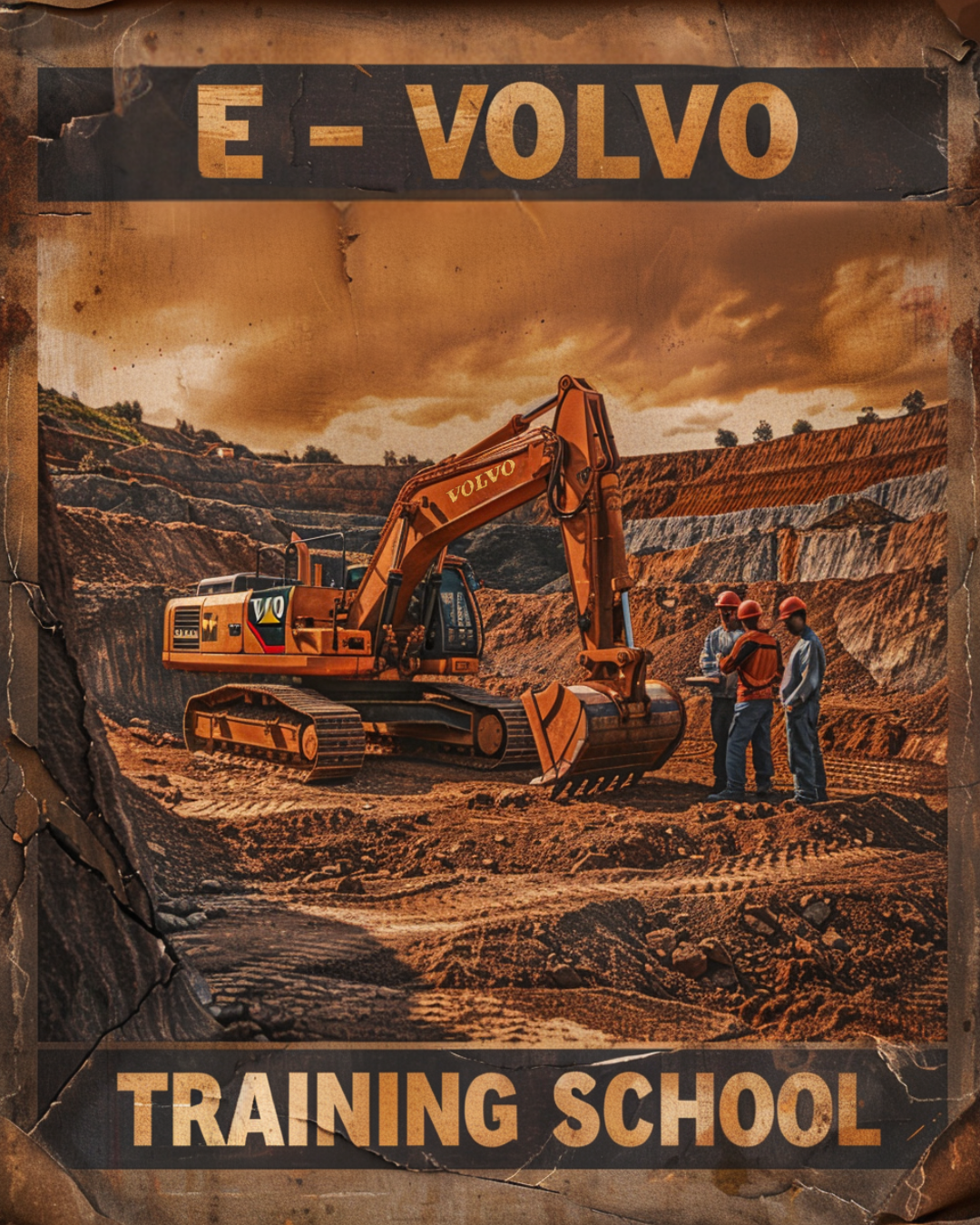 A vintage-style poster shows a construction site with a large Volvo excavator and three workers wearing safety helmets and vests. The background features a quarry with terraced rock formations and a cloudy sky. The poster has a worn, aged appearance with torn edges and the words 'E - VOLVO TRAINING SCHOOL' at the top and bottom.