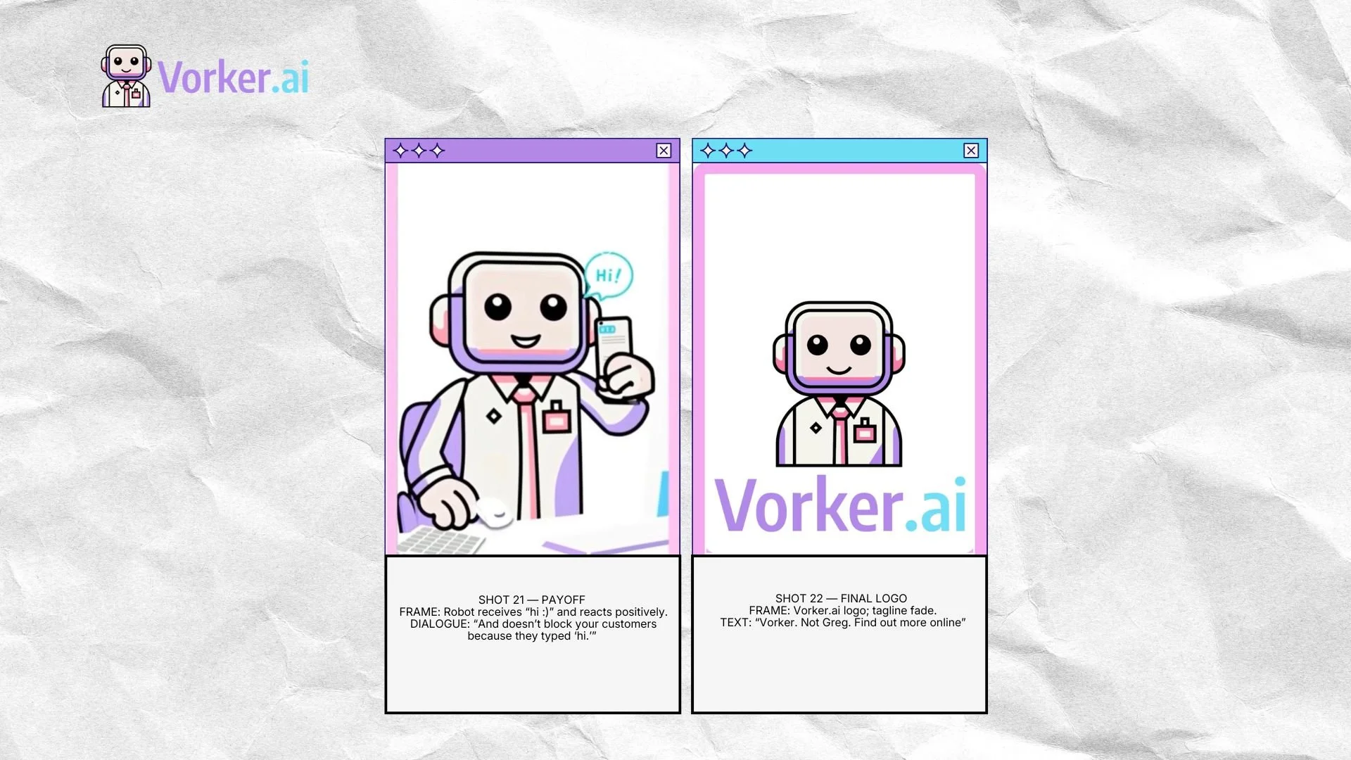 Conceptual design sketches for a chatbot logo named Vorker.ai, featuring cartoon robot characters with a corporate theme. The first sketch shows a robot holding a cellphone with a speech bubble that says 'Hi!', while the second sketch displays the final logo with the text 'Vorker.ai' and a tagline fade. The sketches include descriptive notes about the design process and messaging.