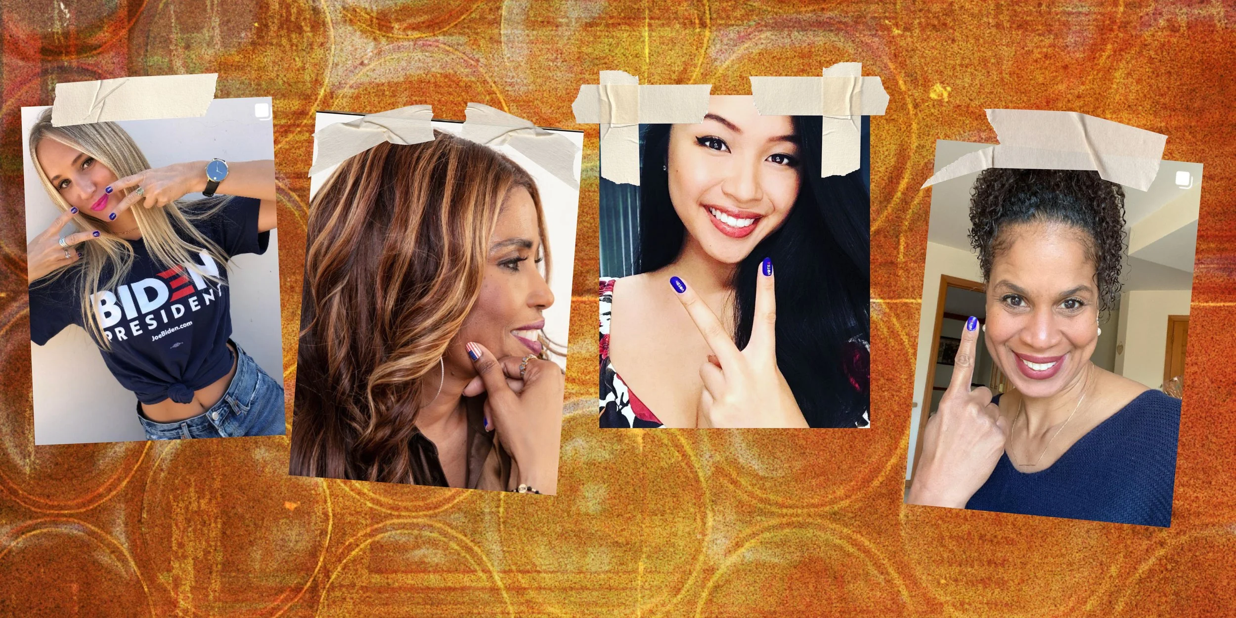 Four women taking selfies or posing for photos, with various expressions and hand gestures, on a textured orange background with taped corners.
