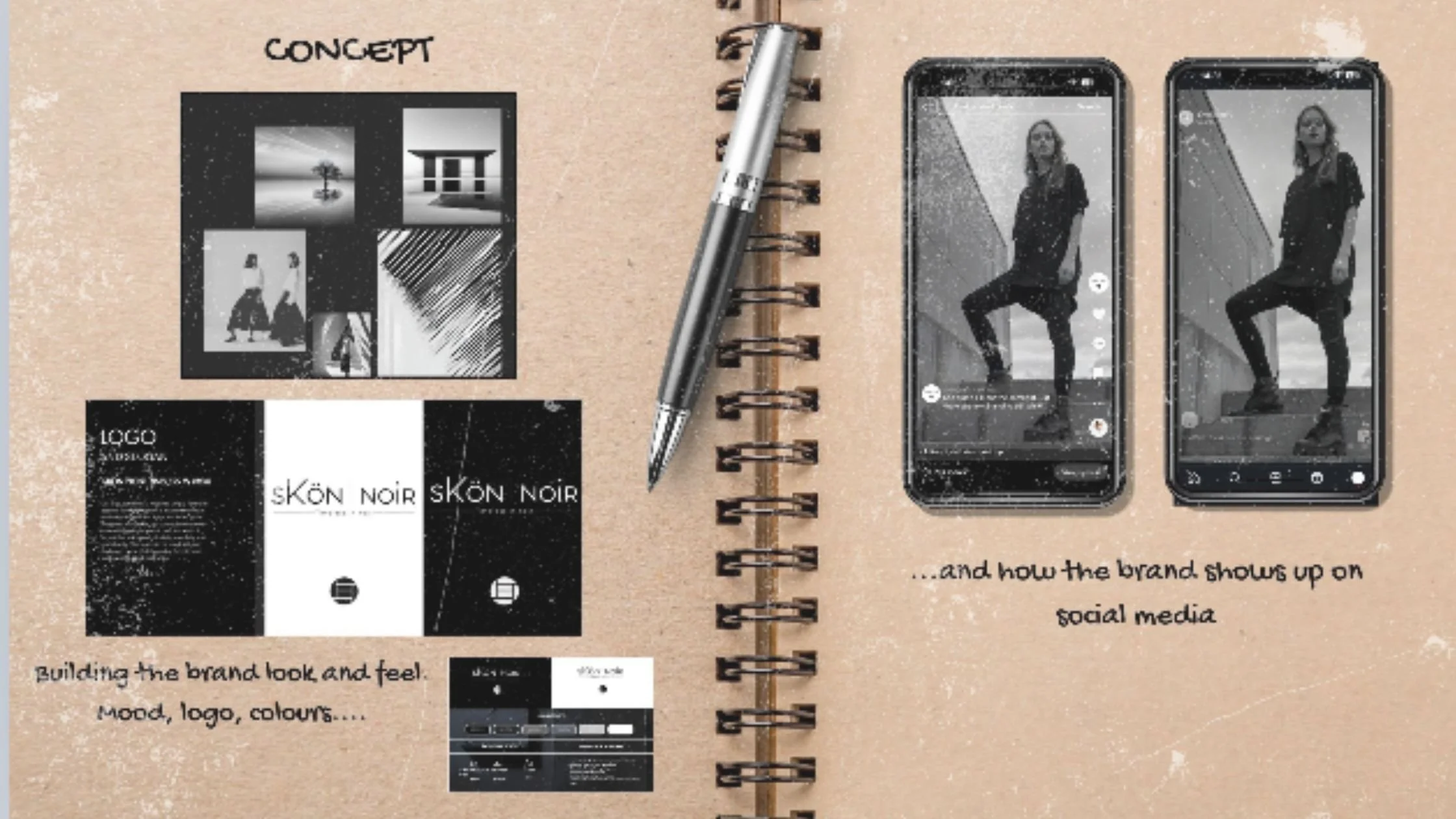 A presentation slide showing branding concepts, including black and white logo designs and social media mockups of a woman posing, with notes about building the brand's look, feel, mood, logo, colors, and social media appearance.