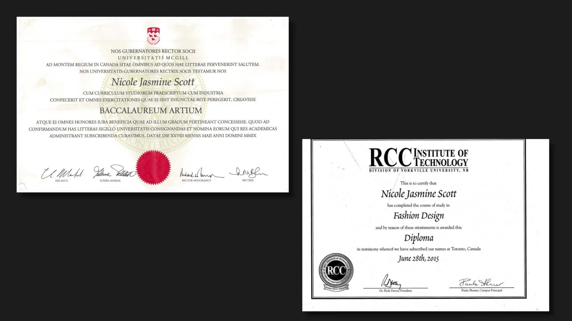 Two diplomas awarded to Nicole Jasmine Scott, one from McGill University and one from Yorkville University, both indicating completion of courses and attainment in fashion design.