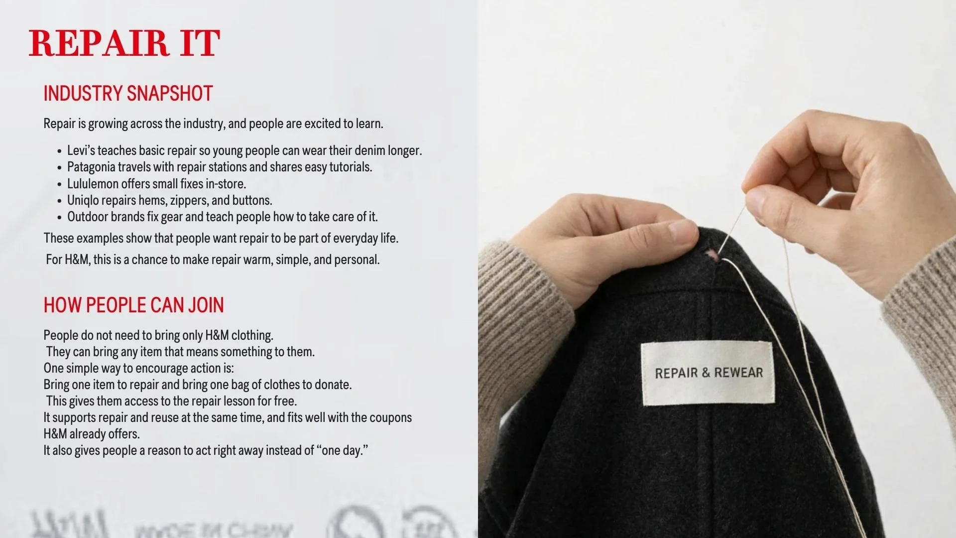 Person sewing a black garment with a label that says 'REPAIR & REWEAR' in front of a white background with text about repair industry and ways people can participate.