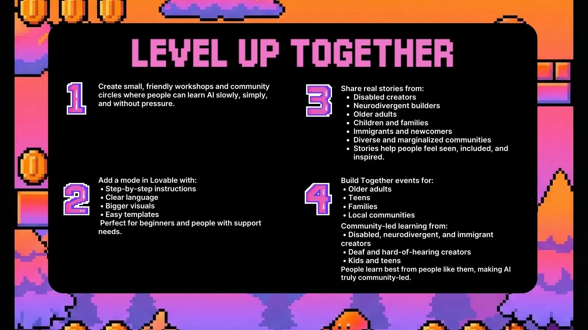 Pixel art style image with a black central box containing white text on a colorful background with clouds and star-like decorations. The text outlines steps for creating supportive AI communities, numbered 1 to 4.