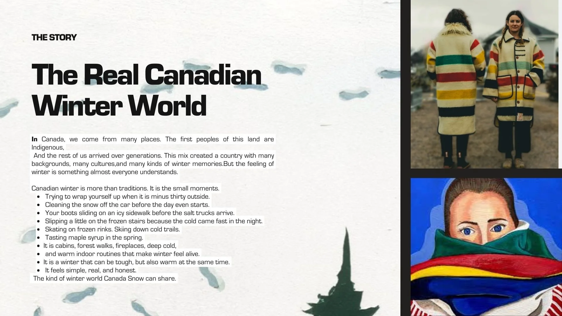 Text about the Canadian winter experience alongside photographs of two women in colorful winter coats, and a woman with a colorful scarf covering her face.