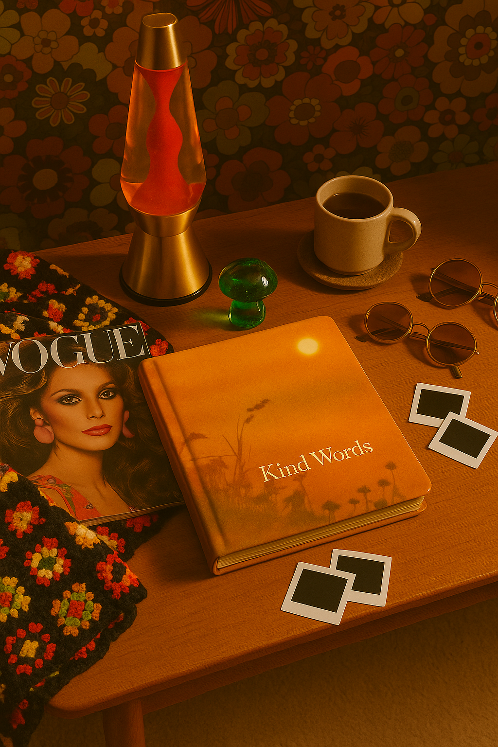A wooden table with a lava lamp, a cup of coffee on a coaster, sunglasses, a magazine titled Vogue featuring a woman with wavy hair, a book titled 'Kind Words' with a sunset and field on the cover, some instant photos, a colorful crocheted blanket, and a yellow laptop, against a floral wallpaper background.