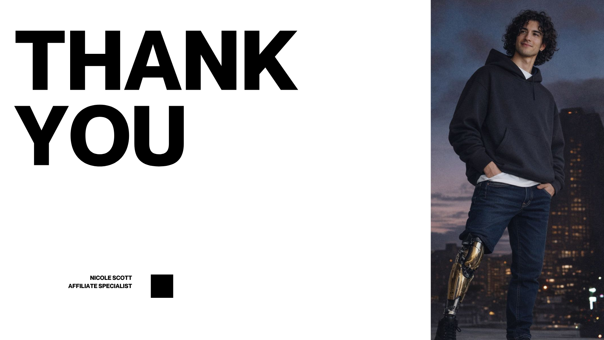 A person with curly hair wearing a black hoodie and jeans standing outdoors at dusk, with a city skyline in the background. The left side of the image has bold black text reading 'THANK YOU' and includes the name 'NICOLE SCOTT, AFFILIATE SPECIALIST'.