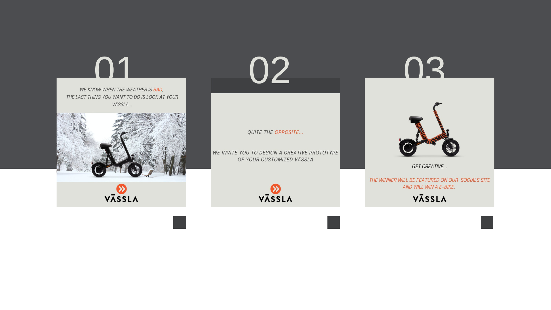 Three promotional slides for Vässla electric bikes with messages about weather, creativity, and a contest, featuring images of bikes and nature backgrounds.