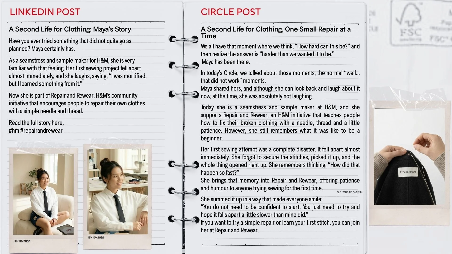 A printed page from a magazine or booklet with two columns of text about clothing repair stories, alongside two Polaroid-style photos of a young woman. One photo shows her sitting on a sofa with her hands on her lap, smiling and looking to the side; the other shows her sitting at a table, also smiling. The images are labeled with the date 10/10/2030.
