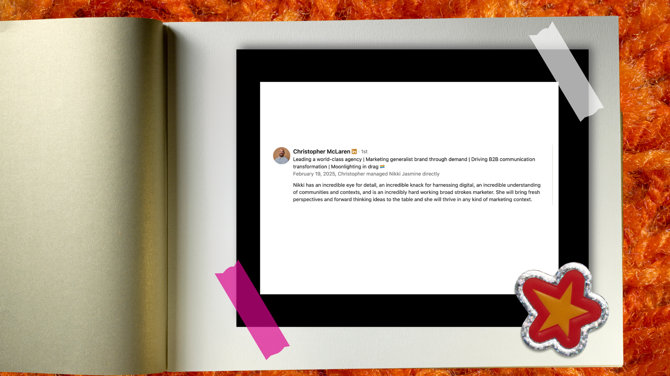 Open book with a digital screen displaying a professional profile, decorated with pink and purple tape and a red star-shaped sticker, on an orange textured surface.