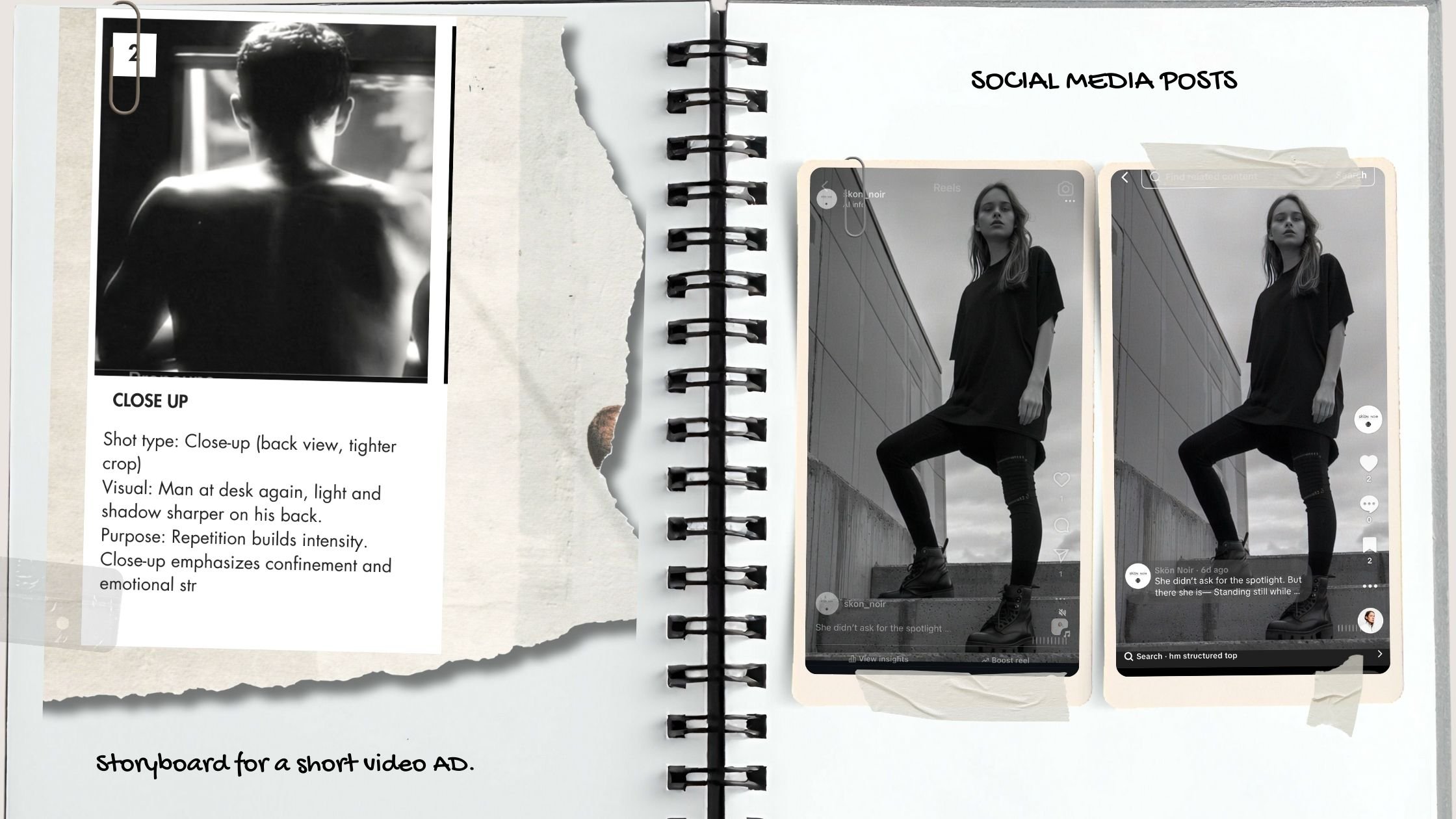 A scrapbook page showing a black-and-white close-up photo of a man with his back to the camera, and two quick view screenshots of a woman posing outdoors. The scrapbook page has torn paper edges and notes describing the photos, emphasizing their connotation and emotional tone for a short video advertisement, with a handwritten note stating it's a storyboard for a short video ad.
