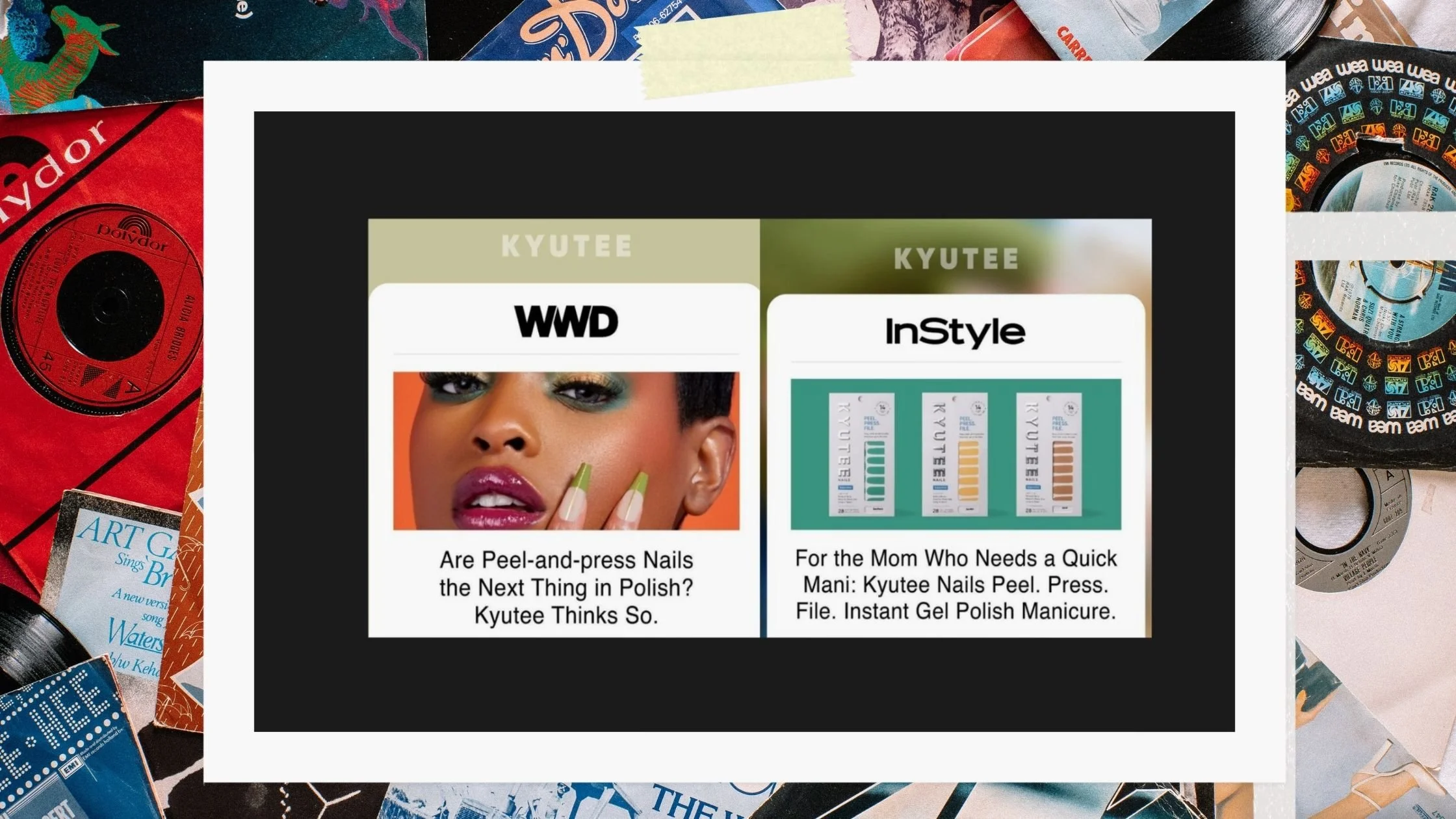 Comparison of nail polish brands and products, featuring WWD with a close-up of a woman with colorful makeup and nails, and Kyutee with nail polish swatches and quick manicure information.
