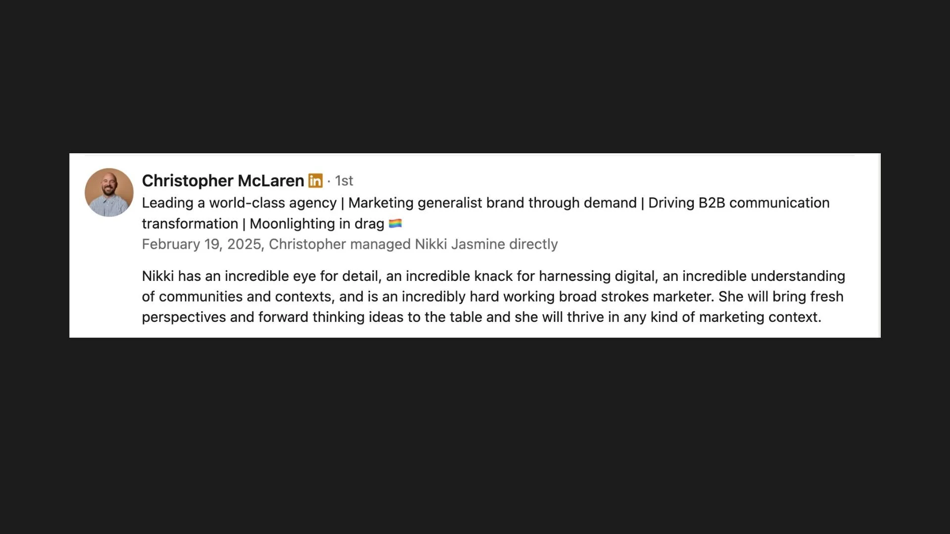 LinkedIn profile summary of Christopher McLaren describing his professional background and skills, along with a photo of him.