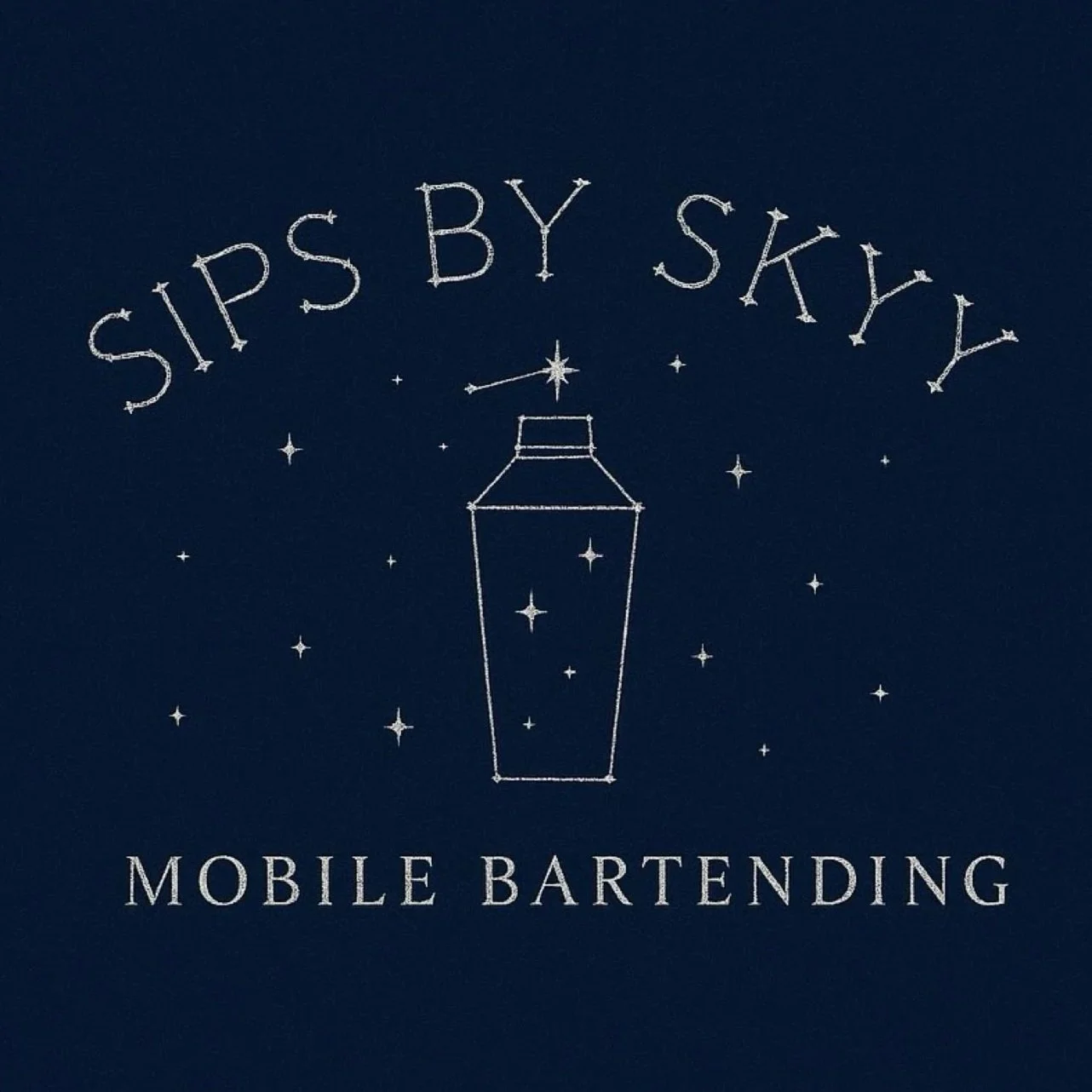 Stylized starry night background with constellations forming a lantern and the text 'SIPS BY SKYY' at the top and 'MOBILE BARTENDING' at the bottom.
