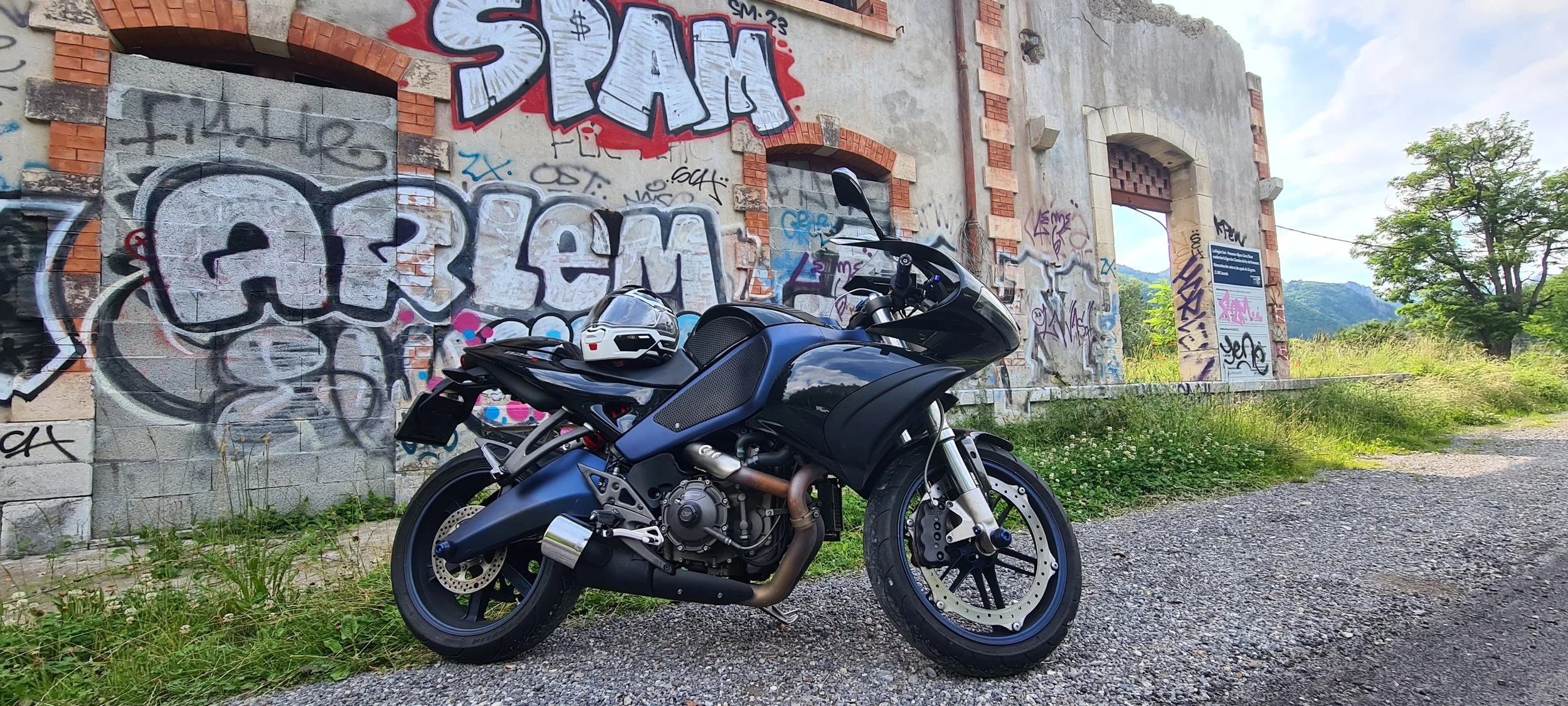 Buell in front of old railroad house - France