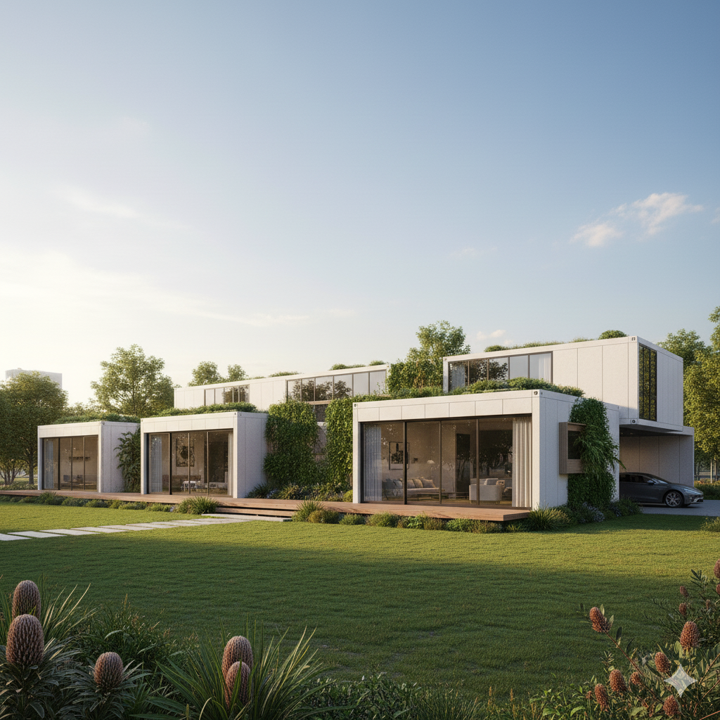 Modern white residential buildings with large glass windows, surrounded by greenery and lawn, under a blue sky.