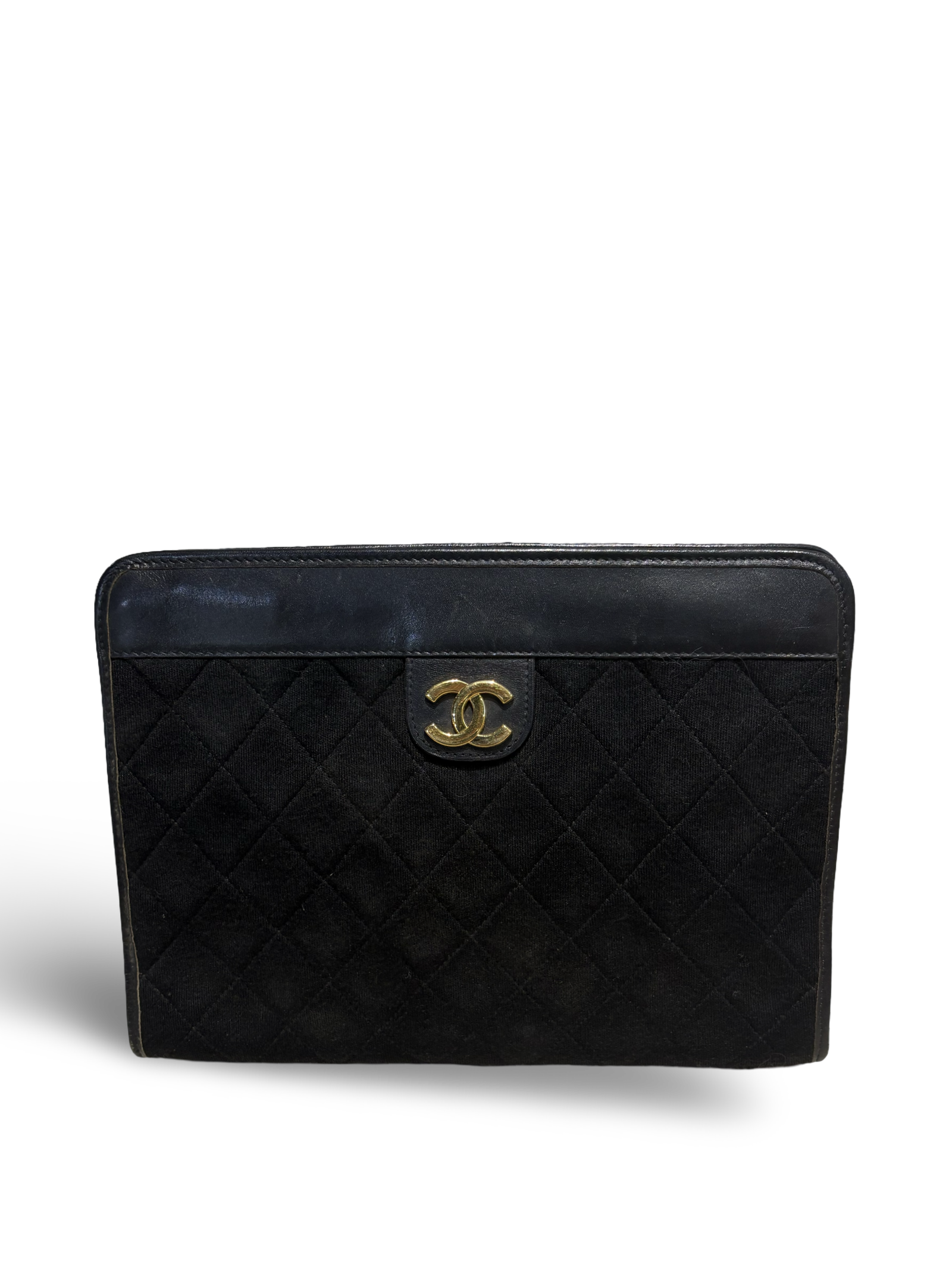 Chanel Black Diamond Quilted Clutch CC Logo Leather Bag