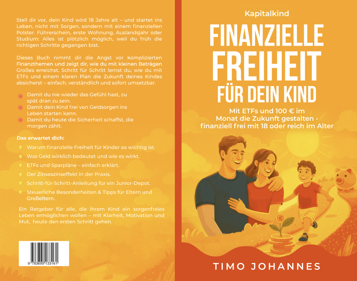Buchcover mit Titel 'Finanzielle Freiheit für dein Kind' in orange und gelb, Illustration einer Familie im Sonnenuntergang mit Münzstapel, Baum und Schwein.
