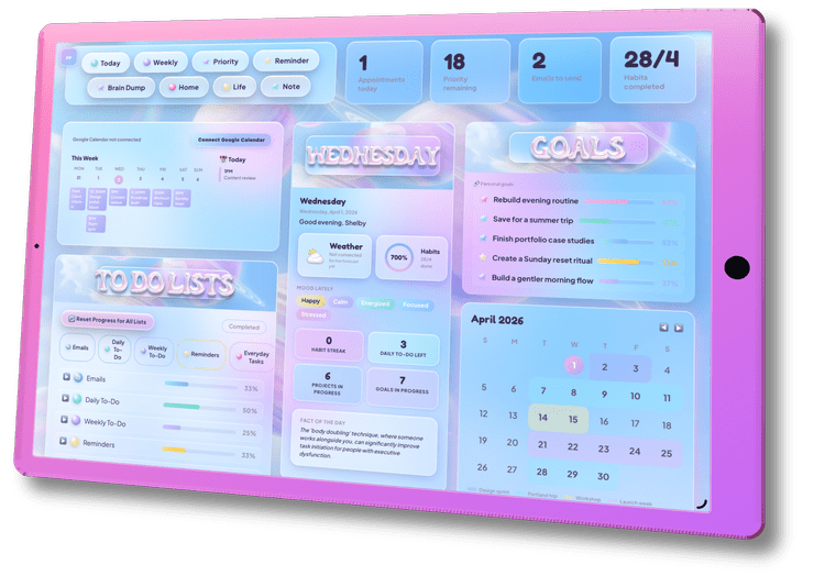 Pocket Planner dashboard shown inside a tilted pink iPad mockup