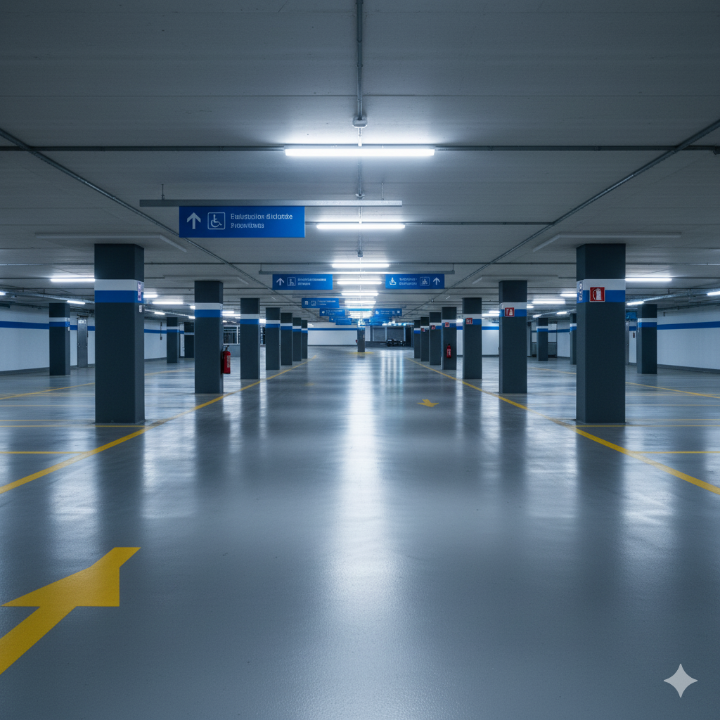 Empty underground parking garage with gray pillars, blue signs, and yellow directional arrows.