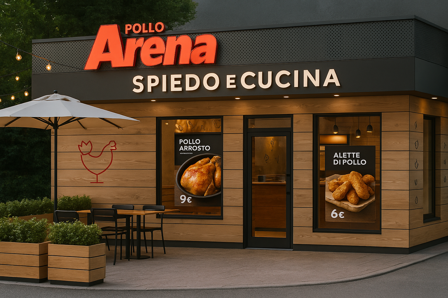 Esterno di un fast food con insegne che pubblicizzano pollo arrosto a 9 euro e alette di pollo a 6 euro, con tavolo, sedie, ombrellone e piante decorative.