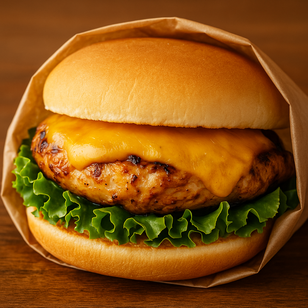 Panino con hamburger di pollo, formaggio fuso, lattuga e pane morbido.