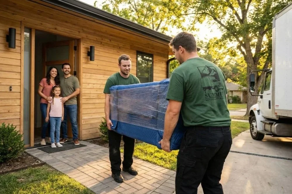 A family smiling in the doorway of their new home while professional residential movers from Summit Moving & Storage move heavy furniture inside.
