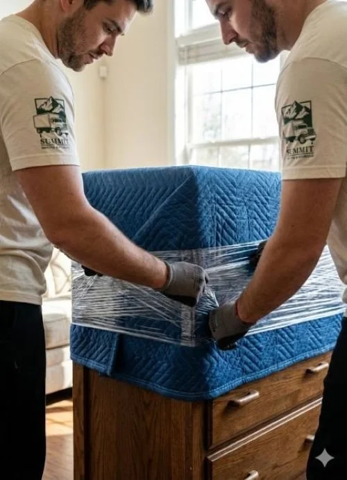 Summit Moving & Storage team carefully protecting furniture in a Portland home