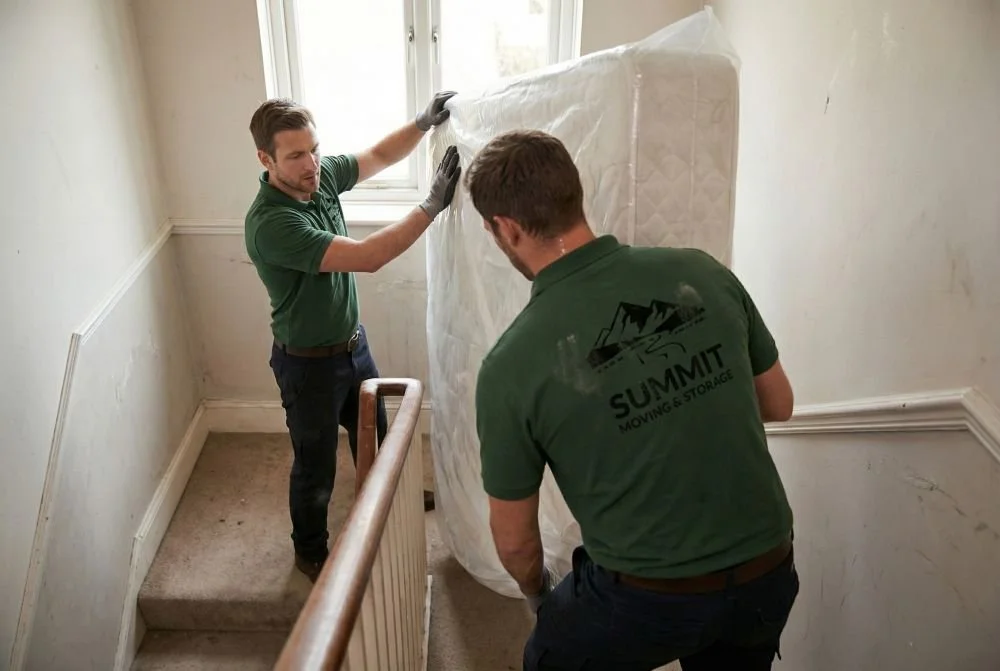 Summit Moving & Storage crew members maneuvering a mattress down a narrow stairway in Oregon.