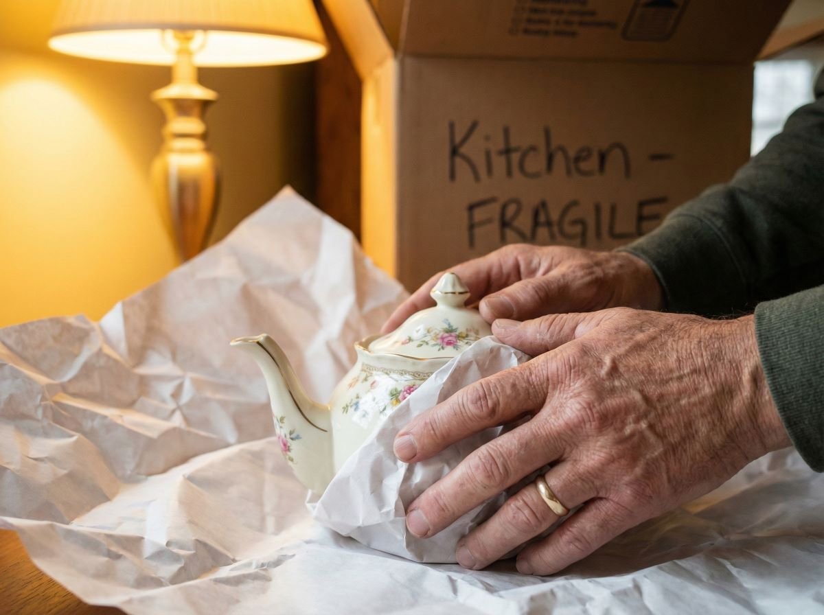 Hands carefully wrap a floral teapot in paper near a box labeled Kitchen - FRAGILE, during a Senior Downsizing move. A lamp glows behind.