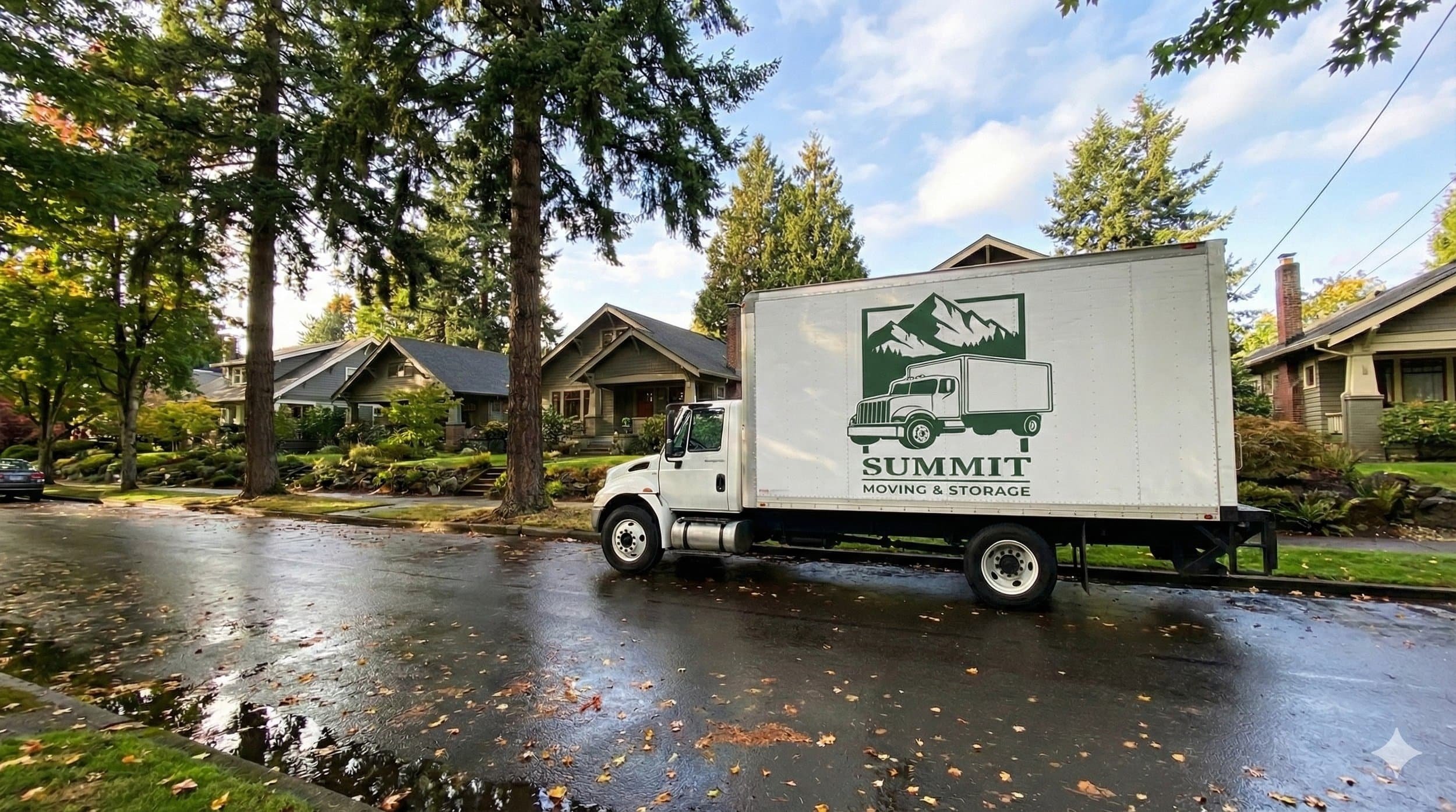 A white Summit Moving & Storage moving truck parked on a residential street in Portland, OR with wet pavement and fallen leaves. Houses and tall trees are visible in the background.