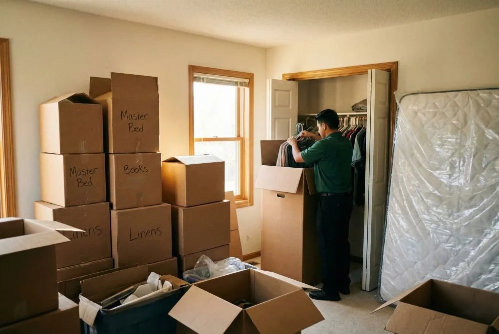 Bedroom being packed by professionals with wardrobe boxes and neat stacks of cartons.
