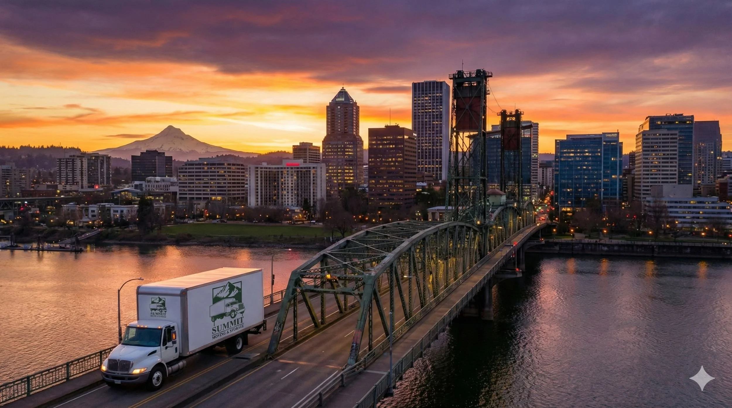Summit Moving & Storage truck driving in downtown Portland, OR