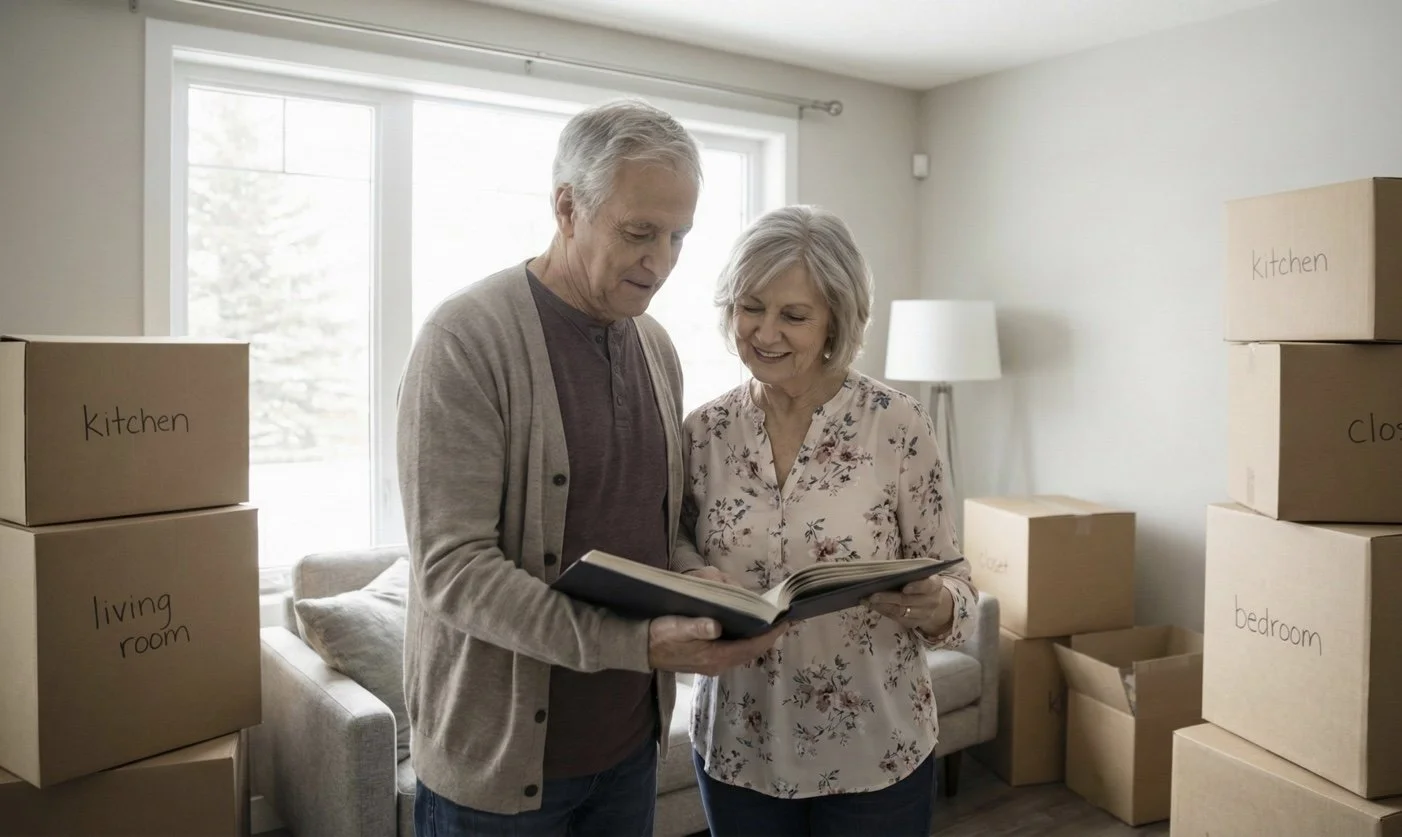 An older couple stands in a room with moving boxes, smiling and looking at a photo album together.