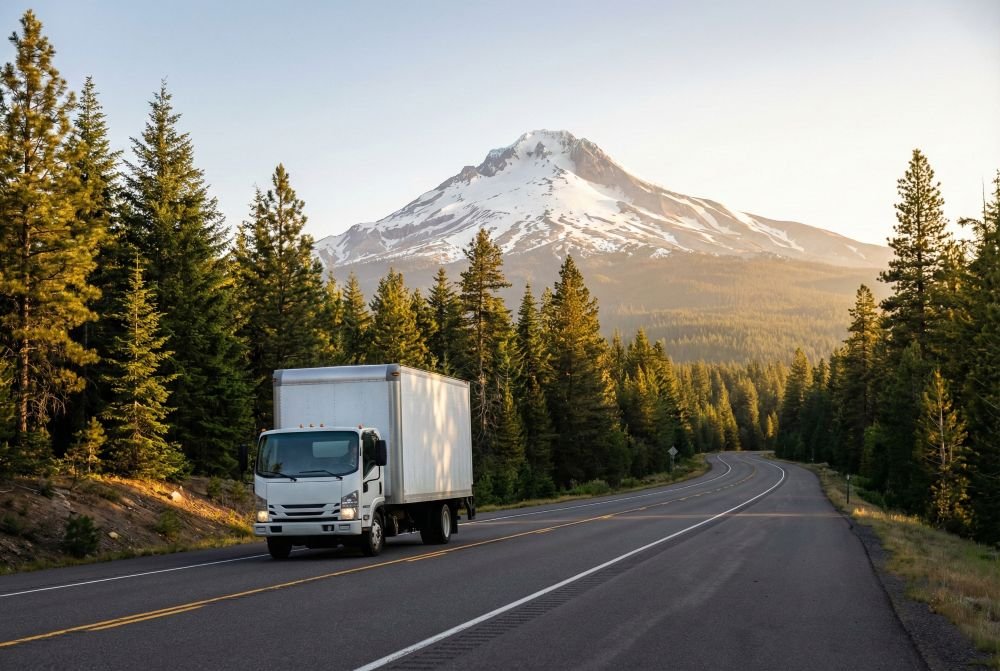 Summit Moving truck driving on an Oregon highway for a long-distance intrastate move.
