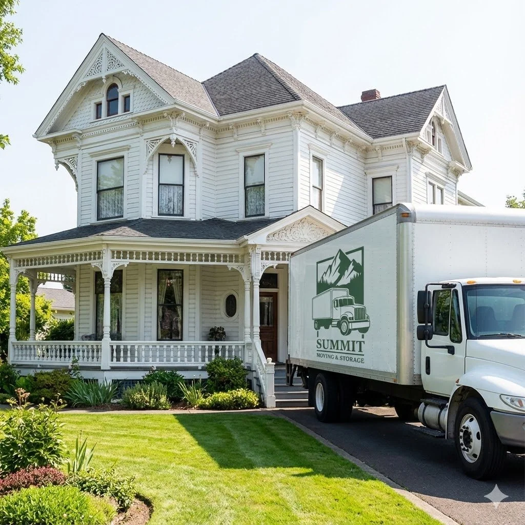 A white Summit Moving & Storage truck parked in the driveway of a large Victorian home during a residential move.