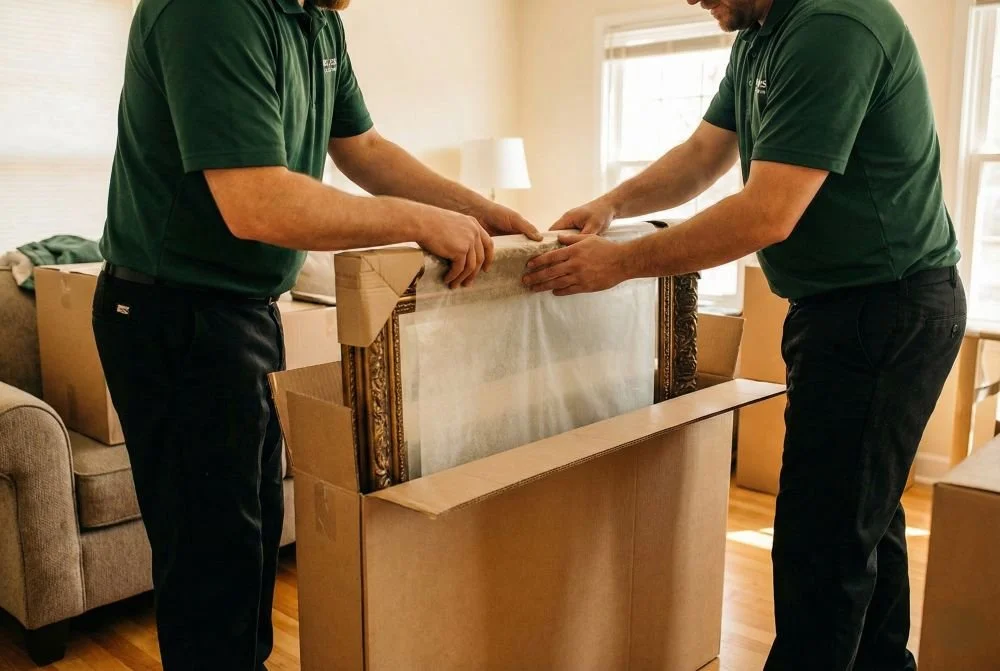 Movers protecting a large framed mirror with corner guards and a telescoping box.