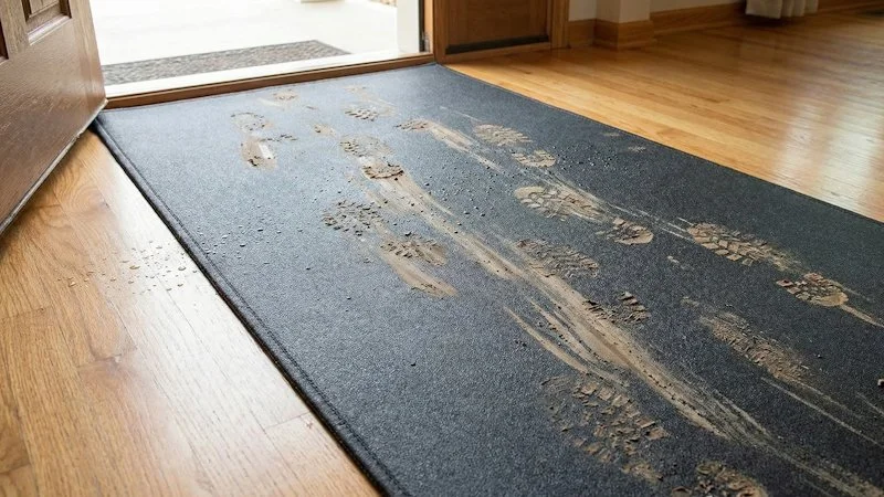 A neoprene floor runner mat inside a home entryway covered in muddy boot prints and water droplets during a rainy day move.