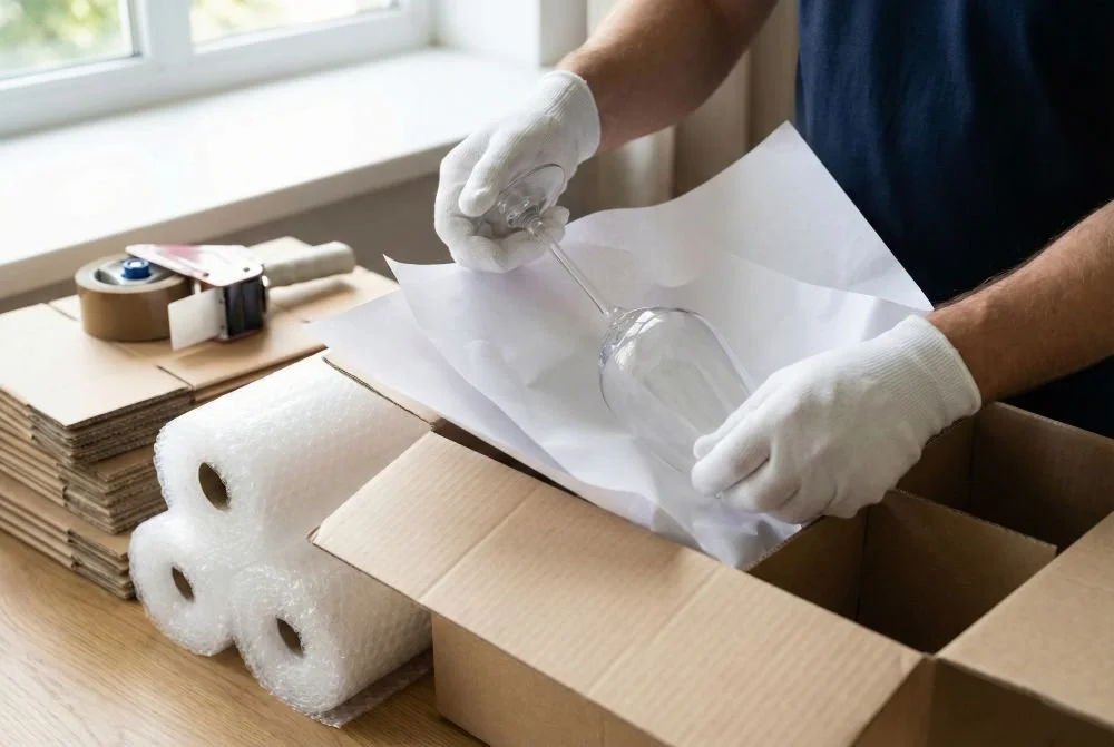 Close-up of a professional packer carefully wrapping delicate glassware in protective paper for a move.