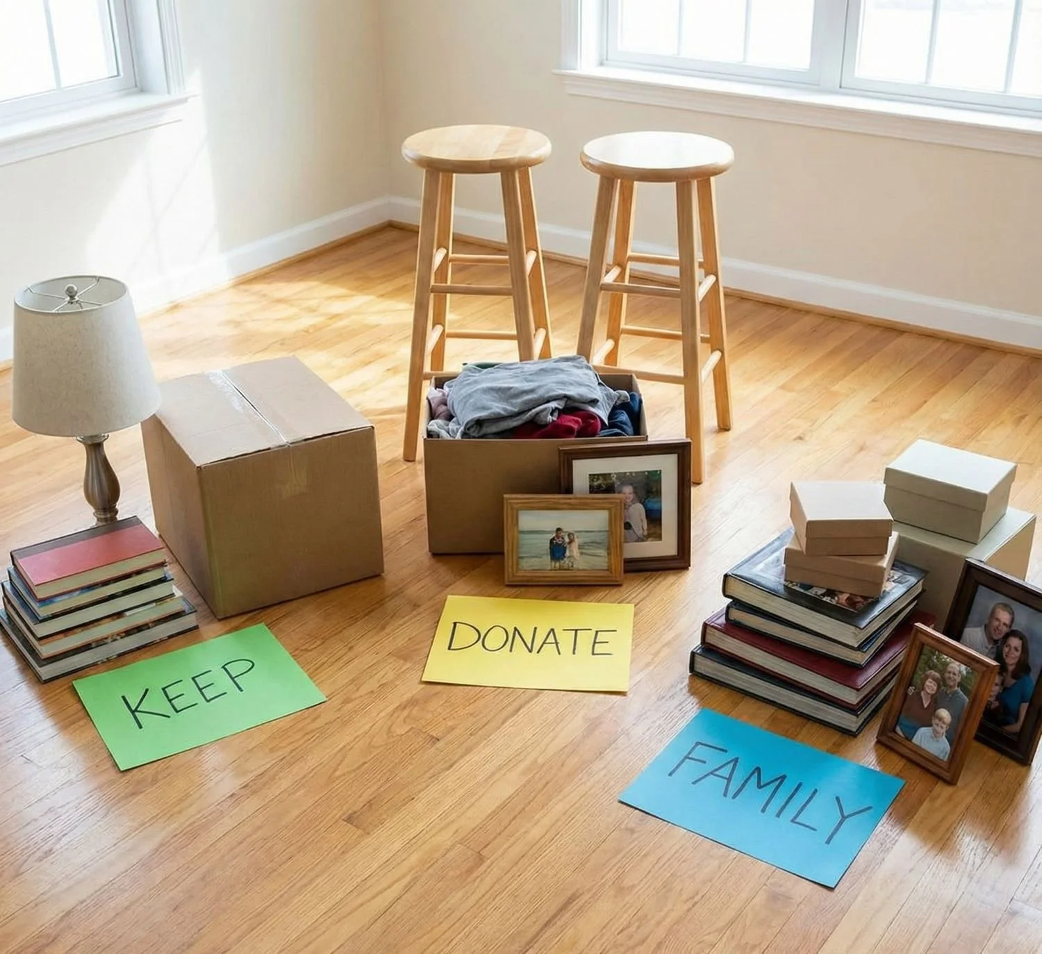 Three piles for Senior Downsizing: Keep, Donate, and Family with books, clothes, photos, boxes, and two stools on a wooden floor.