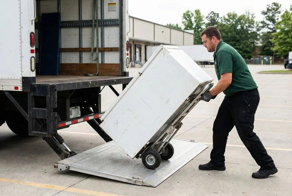 Mover loading an old refrigerator onto a truck using a heavy-duty appliance dolly for recycling.