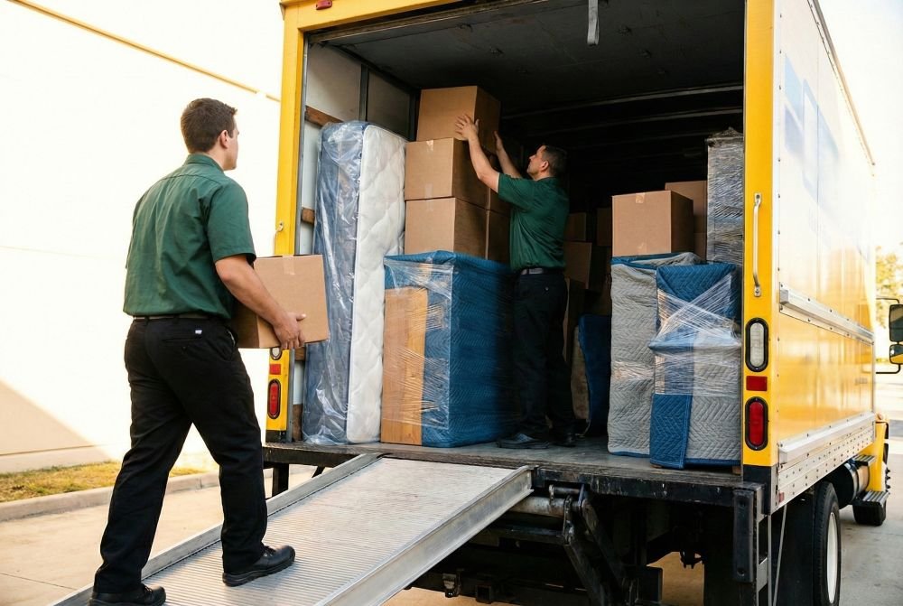 Professional movers loading moving boxes into a rental truck via a ramp, showing a neatly stacked wall inside.